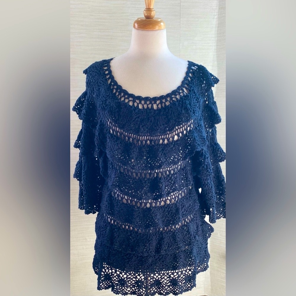 Denim 24/7 Tier Crochet Boho Tunic Top Women Size Medium Black